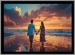 Mężczyzna, Kobieta, Zachód słońca, Morze, Plaża